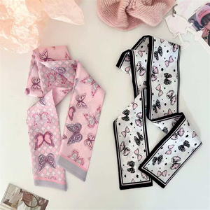 Écharpe fine à pois géométriques léopard noire et <span class=keywords><strong>rose</strong></span> style coréen pas chère pour femme, écharpe longue à ruban imprimé double face - Product Image 4