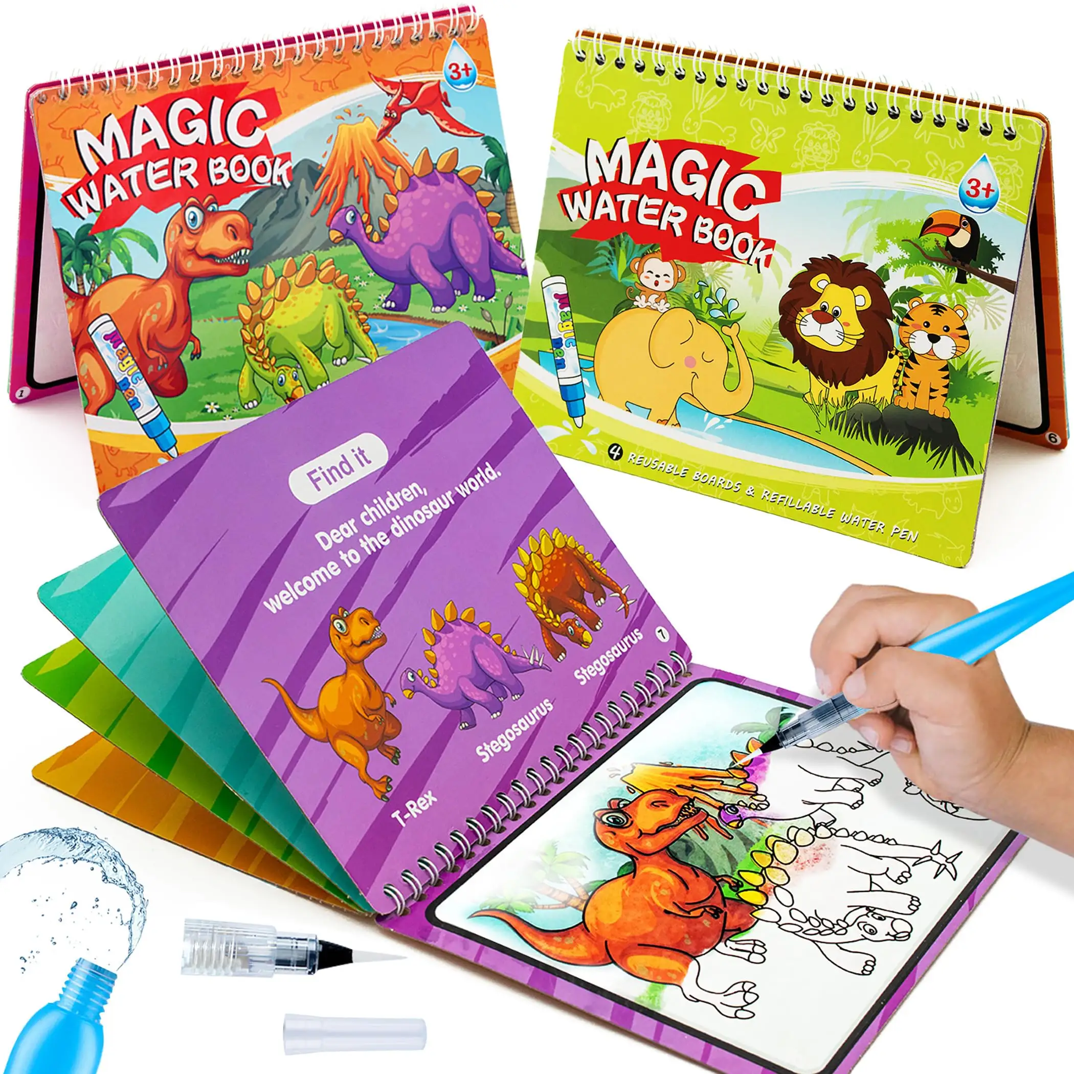 Livros mágicos para colorir aquarela para crianças, brinquedo educacional de arte, Doodle, presentes para menina e menino (animal dinossauro 2 pacotes)