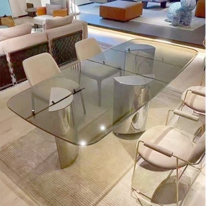 JS D31B <span class=keywords><strong>Table</strong></span> à manger rectangulaire <span class=keywords><strong>en</strong></span> verre moderne haut <span class=keywords><strong>de</strong></span> gamme miroir pieds <span class=keywords><strong>en</strong></span> acier inoxydable <span class=keywords><strong>Table</strong></span> alimentaire suspendue ronde pour villa appartement - Product Image 2