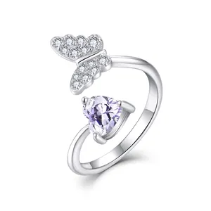 QX Custom OEM Heart Zircon Butterfly Adjustable 925 Sterling Silver Summer Resizable Butterfly Ring For Women Girls
