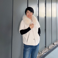 Pull en tricot à manches courtes pour femme, vente chaude automne-hiver, uni, fermeture éclair, col en fourrure de renard amovible, poche zippée