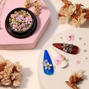 Dekorasi bunga merah muda manis 5 kelopak bunga Macaroon Resin Jepang kuku campuran bunga 3D bunga Resin untuk kuku