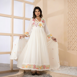 Stylish Mul Cotton Angrakha Suit Set for <b>Women</b> White Embroidered Ethnic Wear with Flared <b>Kurta</b> - Product Image 1