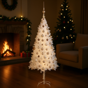 Árbol de Navidad Artificial Blanco de 59.1 Pulgadas Preiluminado con Juego de Bolas, Luces LED Cálidas, Base para Interior - Product Image 2