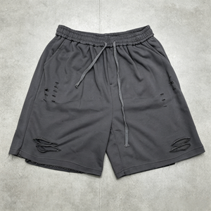 Shorts en coton de haute qualité pour hommes, couleur unie, taille mi-haute, avec cordon de serrage, style décontracté et déchiré - Product Image 3