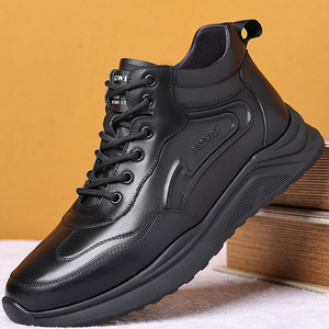 Bottes à cheville en cuir véritable pour hommes, bout rond, doublure en peluche chaude pour l'hiver, semelle extérieure en caoutchouc antidérapante, semelle souple - Product Image 1