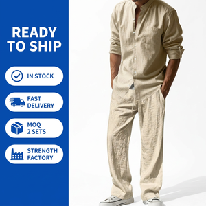 Completo da uomo in <span class=keywords><strong>lino</strong></span>: camicia e pantaloni, 95% <span class=keywords><strong>lino</strong></span> 5% poliestere, lavaggio effetto sabbia, anti-piega, a maniche lunghe, casual, per la spiaggia - Product Image 1