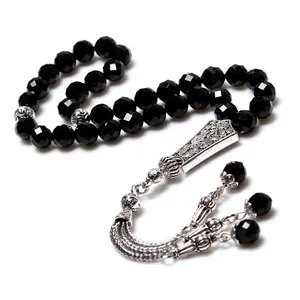 Arab Jewelry 8mm Natural Black Agate Faced Stone 33pcs Islamic Prayer Beads Tasbih tesbih sibha muslim rosary bead