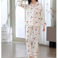 Pyjama Femme Automne Printemps Manches Longues Doux Ensemble de Nuit Motif Cerise Floral Dessin Animé Femme Nuage Coton Cardigan Vêtement de Nuit pour la Maison