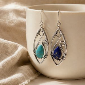 boucles d'oreilles en lapis-lazuli, boucles d'oreilles vintage en turquoise, accessoires de bijouterie au design enroulé de fil d'argent - Product Image 6