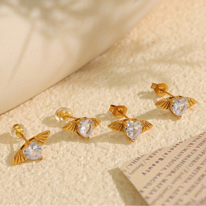 Heart Shaped Zircon Angel Wing Pendant Necklace And Earrings Set 18k Gold Plated <b>Titanium</b> Steel Women's Everyday Wear Jewelry - Product Image 2