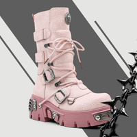 Bottes mi-mollet gothiques punk pour femmes en PU gaufré floral, à plateforme, avec boucle métallique et talon épais, style combat alternatif