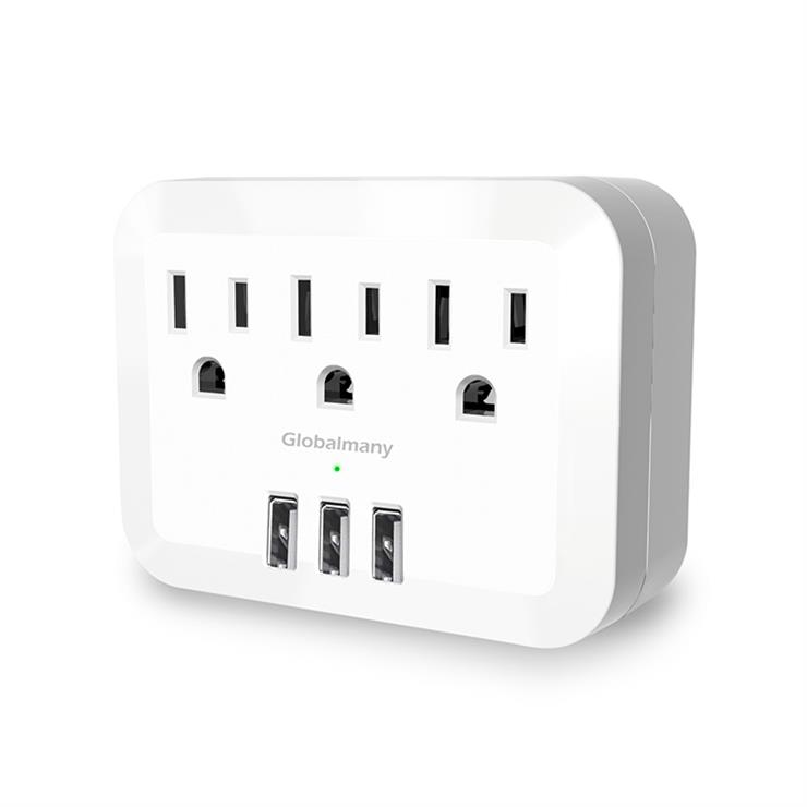 GlobalMany 3 AC Outlets and 3 USB Ports US with Socket Wall Outlet White Power Strip