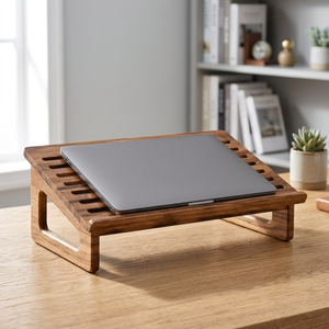 Support pour ordinateur portable en bois de manguier avec fentes de refroidissement |   Design moderne du milieu du siècle, 55x35x20 cm, écologique, durable, artisanal, vente en gros - Product Image 2