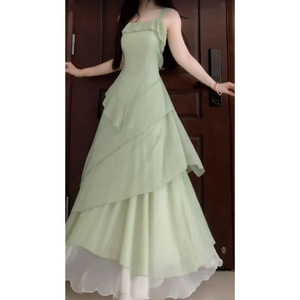 French Style Fitted Waist Irregular Ruffle Maxi Dress Asymmetric Casual Summer Dress Green White <b>Layered</b> Long Dress - Product Image 4
