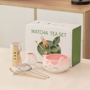 Juego de Tazas de Cerámica con Orejas de Gato, Juego de Cinco Piezas, Soporte para Batidor de Té Estilo Japonés con Batidor de Bambú para Preparación de Té Matcha - Product Image 1