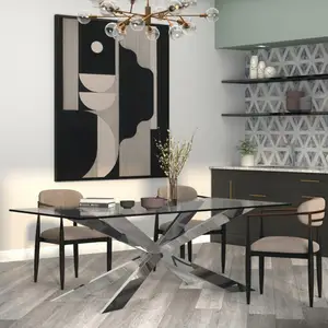 Modern Luxury Stylish Rectangular Dining Tables Clear Glass Stainless Steel Contemporary Dining Table Set