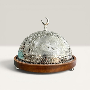 Oriental Engraved Metal Serving Dish With Lid Round Wooden Base <b>Decorative</b> <b>Plate</b> For Presents From India - Product Image 1