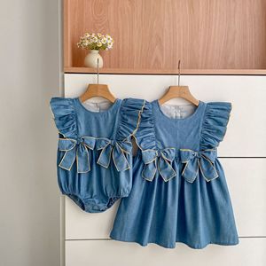 Nouvelle collection été 2026 : Robe et barboteuse en coton pour bébé fille, barboteuse bébé en jean sans manches avec nœud - Product Image 2