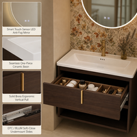 Rak Dinding Kamar Mandi dengan Wastafel Keramik Terintegrasi, Kabinet Kayu Walnut Gelap, dan Cermin LED untuk Hotel