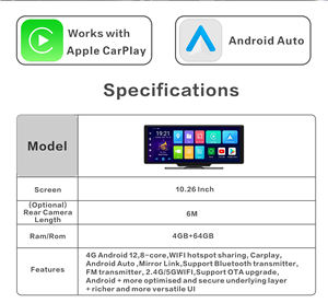 Cámara para Auto 4G con Pantalla Integrada de 10.26 Pulgadas, Carplay y Android Auto, Asistente de Voz Siri/Google, Reproductor Multimedia, ADAS, GPS, DVR - Product Image 3