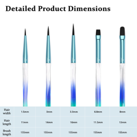 Ensemble de 5 pinceaux professionnels pour nail art avec manche en acrylique irisé et orné de pierres, pour la peinture et le dessin au gel UV