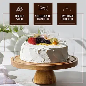 Wooden Rotating Wedding Cake Stand With Glass Dome Lid Round Serving Tray Sushi Cake Stands For Wedding Cakes