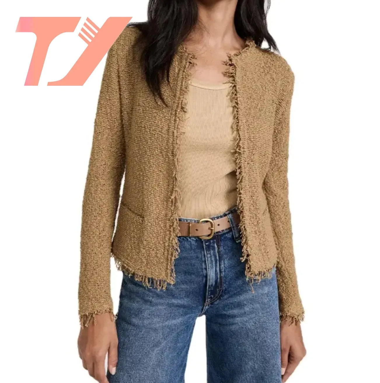 TUOYI Ladies loose boucle knit padded shoulders long sleeve fringe trim open placket cotton Jacket for women