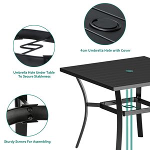 <span class=keywords><strong>Table</strong></span> à manger d'extérieur carrée moderne de 37 "x 37" <span class=keywords><strong>avec</strong></span> <span class=keywords><strong>trou</strong></span> de <span class=keywords><strong>parasol</strong></span> dessus en fer à latte noir antirouille pour hôtel et usage extérieur - Product Image 5
