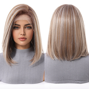 Future Fiber 13x6 Handmade Lace Blonde Brown Blonde Striped Smooth Fiber Bob Hair Straight Hair Soft and Breathable Real Photo - Product Image 1