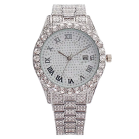 Reloj de Cuarzo para Hombre Estilo Hip Hop con Incrustaciones de Diamantes, Esfera Brillante, Calendario Romano, Diseño Redondo con Diamantes, Reloj de Moda Urbana