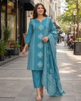 Ensemble Kurta, pantalon et dupatta pour femme, en coton élégant, séchage rapide, confortable, pour usage quotidien, tenue ethnique, col doux, tissu respirant, coupe classique