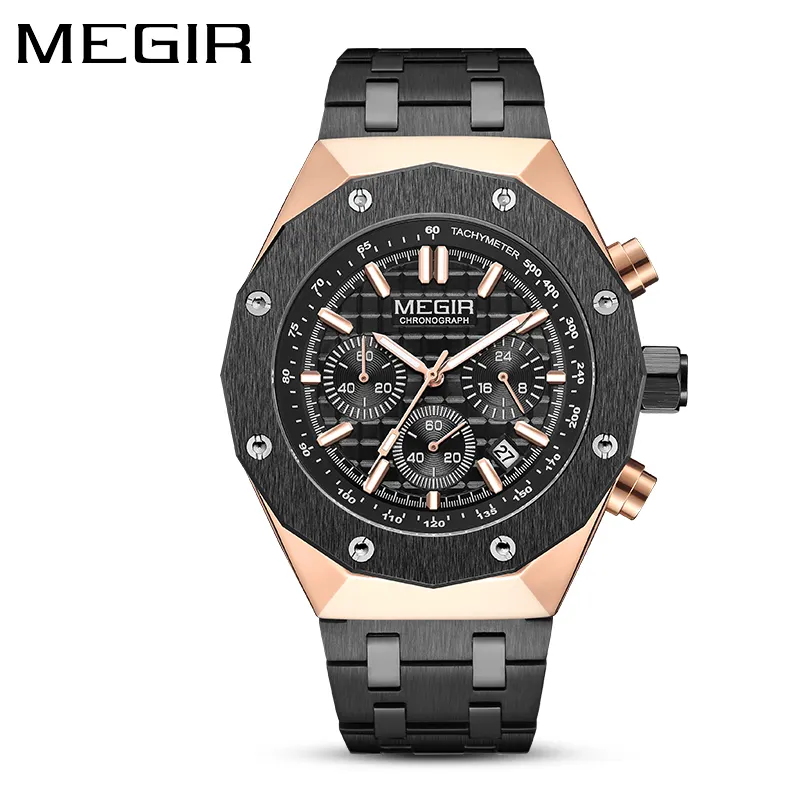 MEGIR 2213 montre à Quartz d'affaires hommes montre-bracelet étanche avec chronographe Date automatique en acier inoxydable aiguilles lumineuses horloge