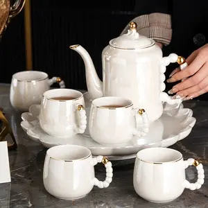 Nordic Style Pearl Handle Ceramic Tea Set Colorful Pearl Glazed Coffee Pot Set Unique Gold Rimmed Ceramic Tea Set With Tray