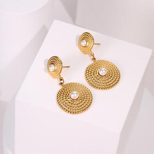 Pendientes colgantes de perlas de disco chapados en oro, pendientes colgantes redondos texturizados elegantes para mujer, joyería de moda Vintage - Product Image 2