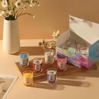 Bougie parfumée en verre transparent multicolore Macaron, cire de soja naturelle, petite fragrance avec étiquette ovale classique imprimée