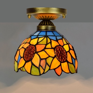 Tiffany Schaduw Ronde Led Plafond Lamp Voor Slaapkamer Lamp Antieke Barok Zonnebloem Patroon Gebrandschilderd Glas Decor Lamp - Product Image 2