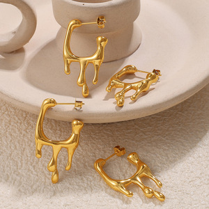 Pendientes de Aro con Forma Líquida, Chapados en Oro de 18K, Acero Inoxidable, Diseño Irregular, Joyería de Moda - Product Image 1