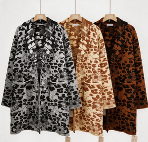 Abrigo tipo Duster de punto gris jaspeado con estampado de leopardo negro, solapa con muescas, frente abierto, longitud media, cárdigan de punto holgado para mujer - Product Image 2