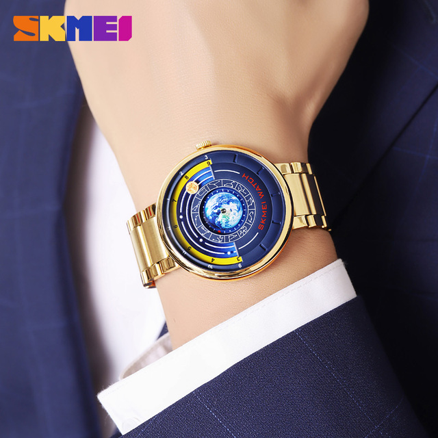 SKMEI 2361Blue Planet New Concept Quartz Watch Men's Waterproof Watch Stainless Steel Quartz Movement Sphere Pointer Rotation