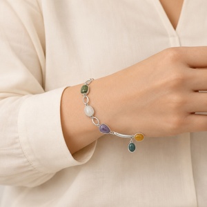 Bracelet en argent sterling 925 avec pierres précieuses naturelles multicolores, bracelet chaîne bohème avec pierres ovales serties, bijoux délicats pour femmes - Product Image 2