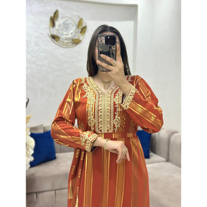 Women's <b>Plus</b> <b>Size</b> <b>KAFTAN</b> V Neck Long Sleeve Embroidered Striped Modest Loose Fit Middle East Style Daily Wear Dress - Product Image 3