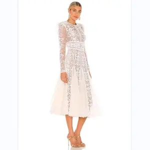 A7864長袖メッシュフローラル2層夏カジュアル衣装ファッションボヘミアンスタイルウエディング女性レディースドレス