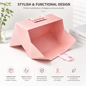 Foldable <b>Pink</b> Paperboard <b>Gift</b> Box with Magnetic Closure and Handle for Business & Shopping Use Clothing Paper Box - Product Image 1