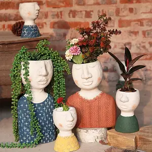 Diseño de tema de familia feliz, macetas de flores de cara moderna para exteriores, macetas de cerámica de arte abstracto para plantas