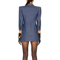 Grosir jaket blazer denim dicuci saku lengan panjang menengah gaun Mini Blazer Denim bantalan bahu streetwear wanita