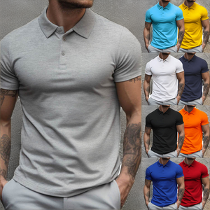 เสื้อโปโลลำลองกันฝุ่นสำหรับผู้ชาย, เสื้อโปโลแขนสั้นสีพื้นถักด้วยกระดุมด้านหน้าปกเสื้อดีไซน์เรียบง่าย - Product Image 2
