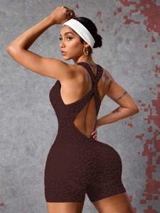 Combinaison sans couture léopard pour femme, une pièce, fitness, manches trois-quarts, tenue de yoga, body sport décontracté et sexy - Product Image 6