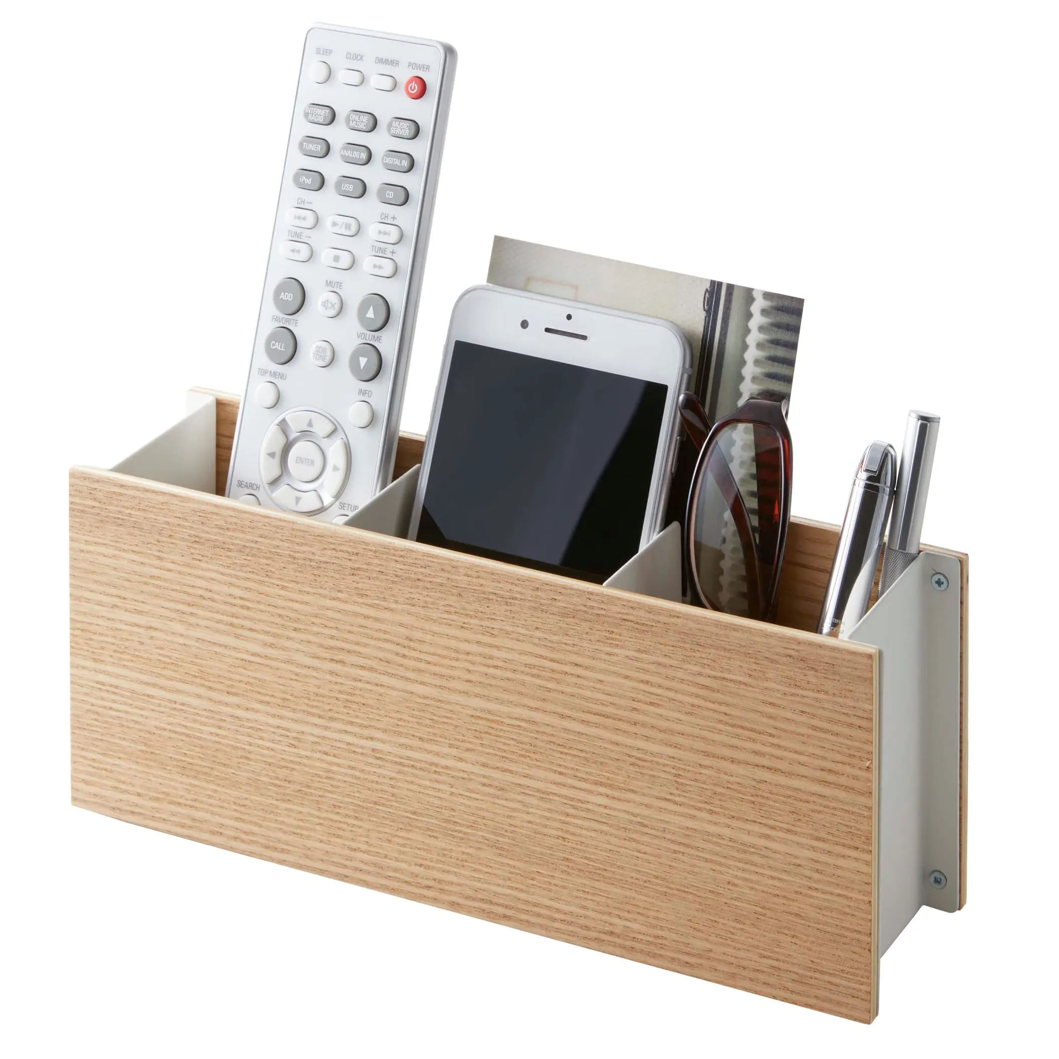 Home Desk Beige Wood Tv Remote Control And Pen Holder Stand Caddy Storage Organizer