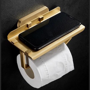 Porte-serviettes en cuivre doré brossé, étagère de salle de bain moderne et minimaliste avec double barre pour le rangement des serviettes - Product Image 4